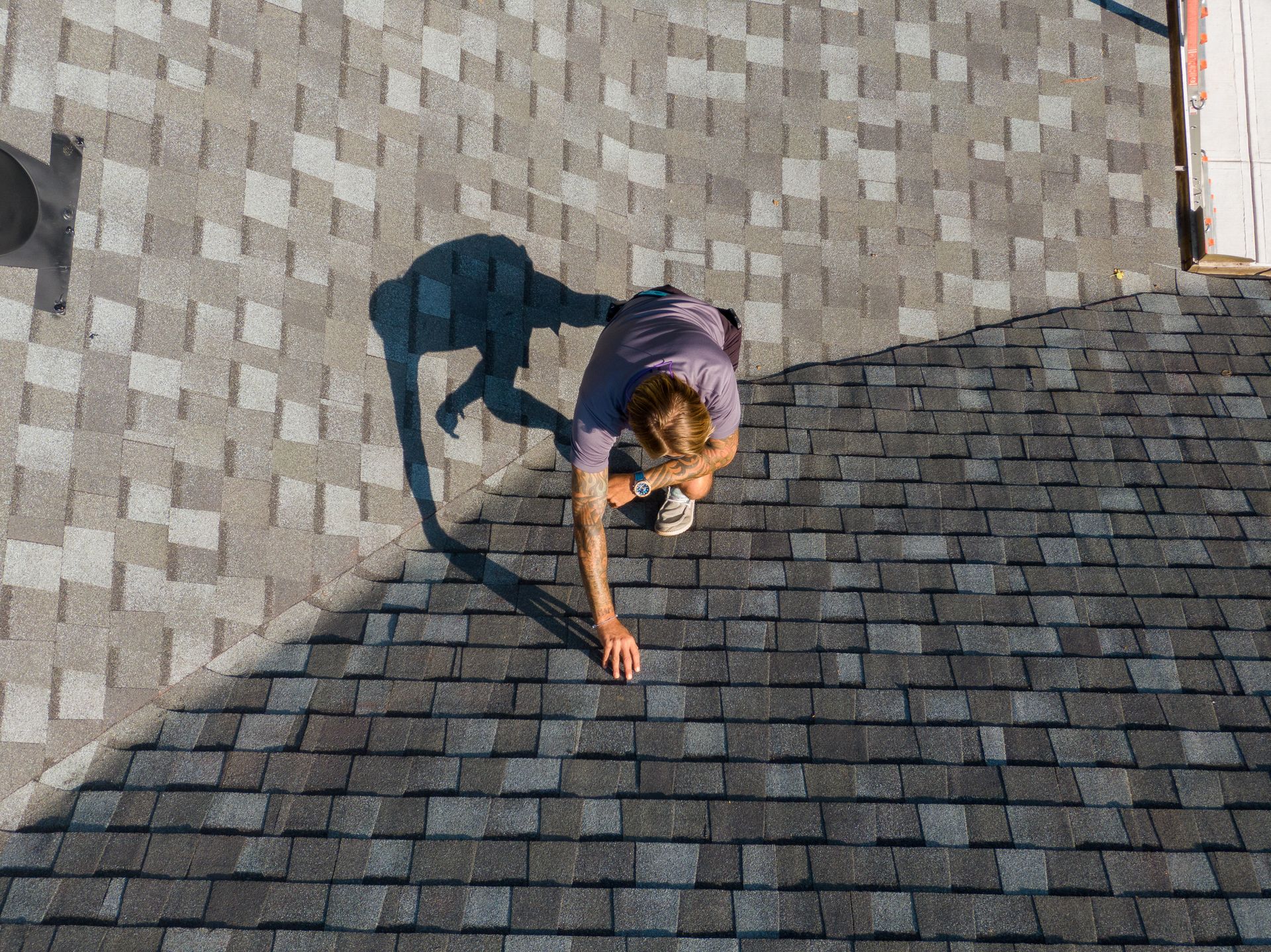A person kneels on a shingled roof, reaching down to inspect a section of shingles in bright sunlight. A person kneels on a shingled roof, reaching down to inspect a section of shingles in bright sunlight.