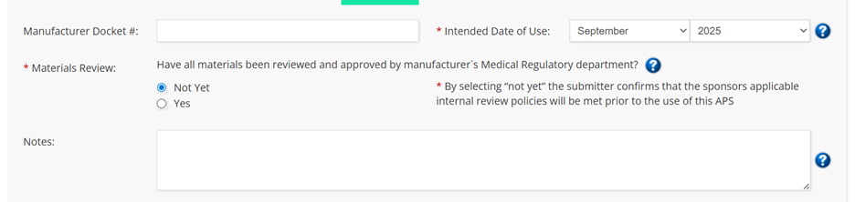 Form asking if equipment is used. Radio buttons