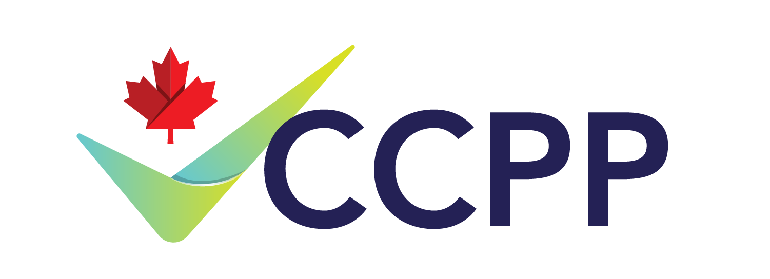 Logo with a red maple leaf, green checkmark, and the text