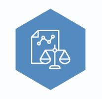 Blue hexagon with a document featuring a line graph and a balance scale.