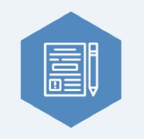 White outline of a document and pencil on a blue hexagon.