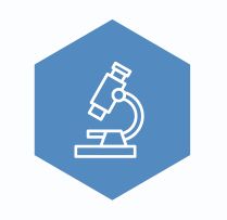 White microscope icon in a blue hexagon shape.