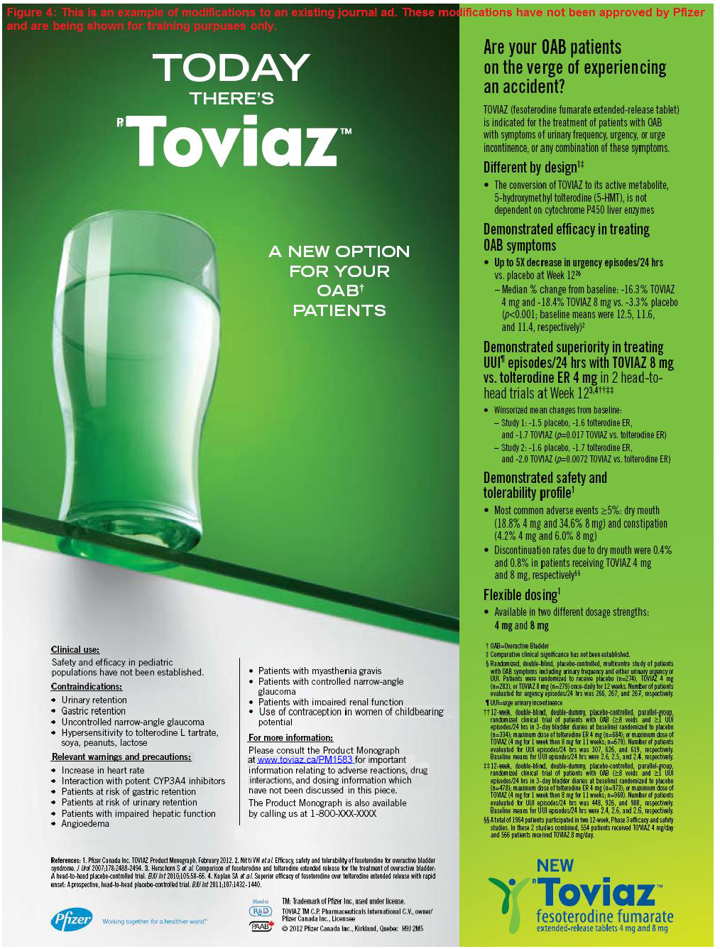 Advertisement for Toviuz, featuring a green glass and text on a green background.