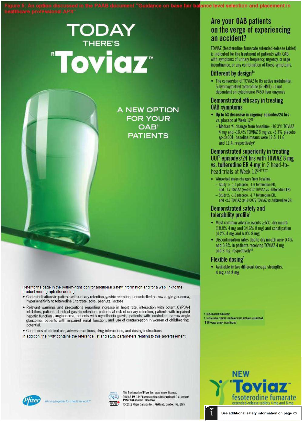 Advertisement for Toviaz. Green glass with green liquid against a green backdrop. Text promotes medication.