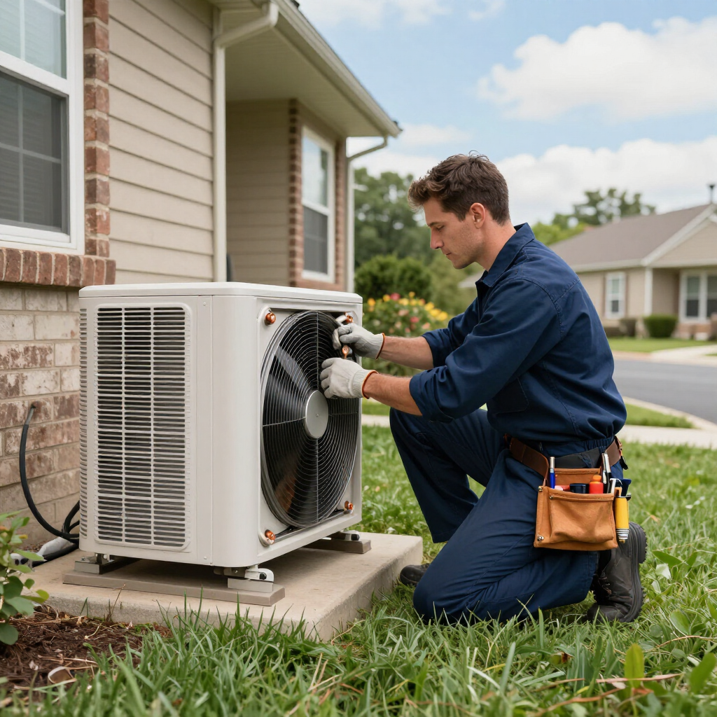 Technician kneeling by an outdoor HVAC unit, inspecting the fan outside a house.