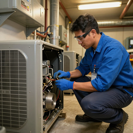 Technician in blue uniform repairing machinery inside an industrial facility