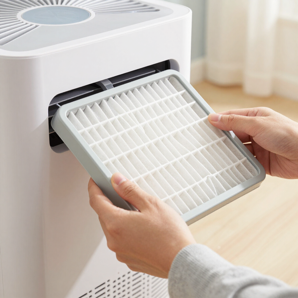 Hands removing a white air filter from a white air purifier indoors