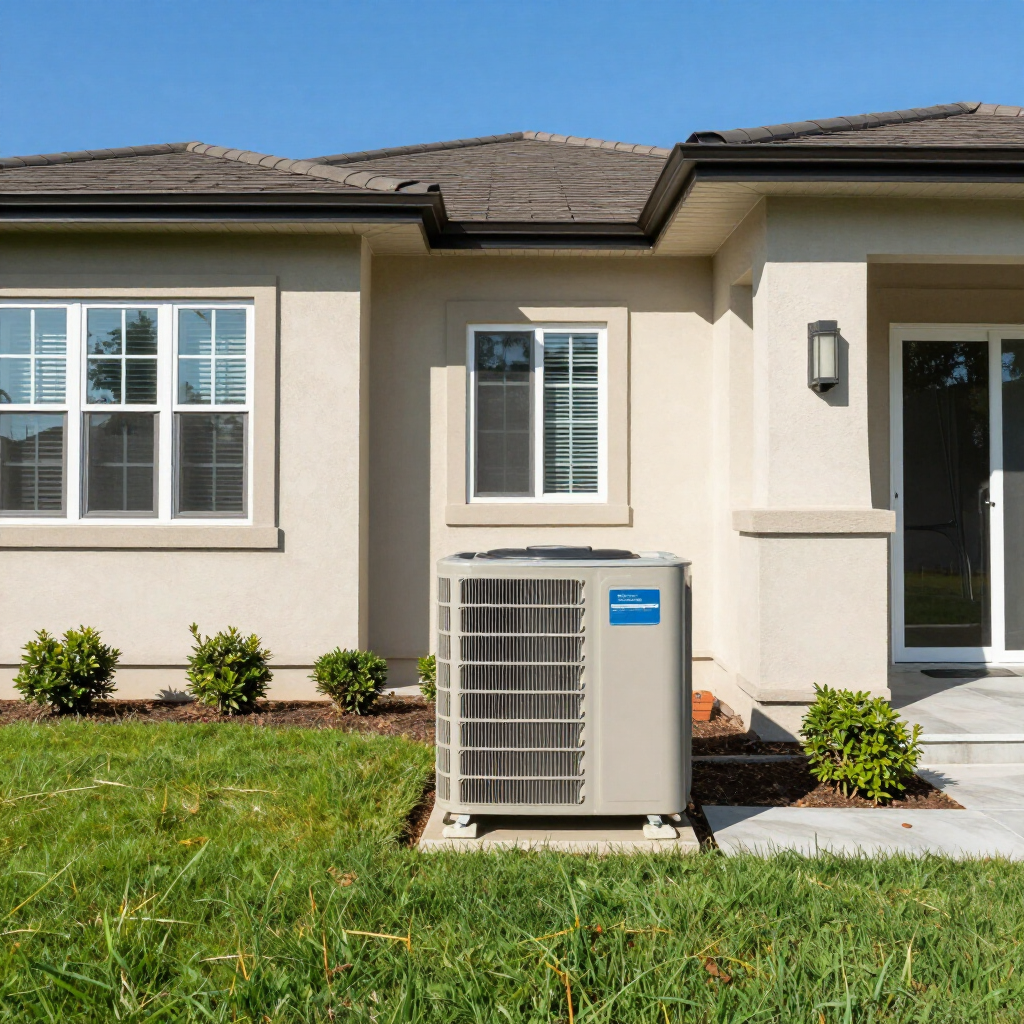 House exterior with a central air conditioner unit on a front lawn under sunny skies