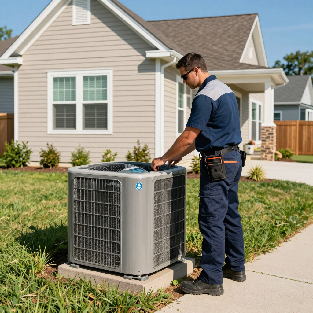 Technician inspecting an outdoor air conditioner unit beside a suburban house