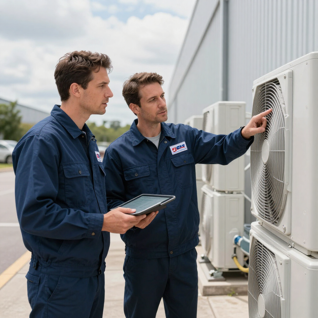 Two technicians in blue uniforms inspect outdoor HVAC units beside a building.