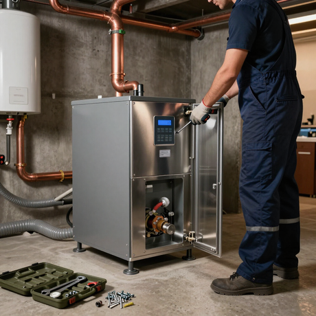 Technician inspecting an open gray boiler in a utility room with copper pipes and tools on the floor