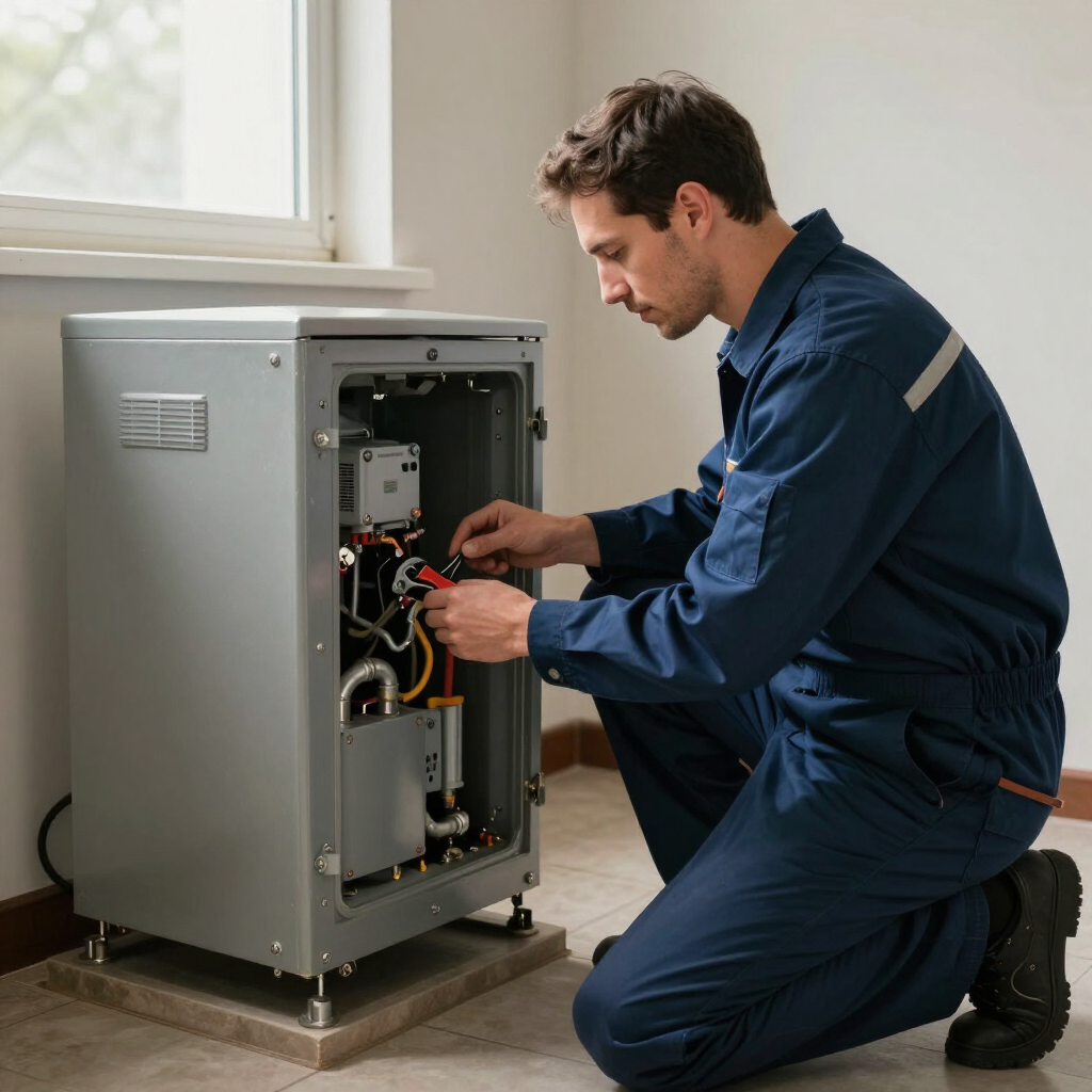 Technician kneeling beside an open gray machine, inspecting wiring in a bright room