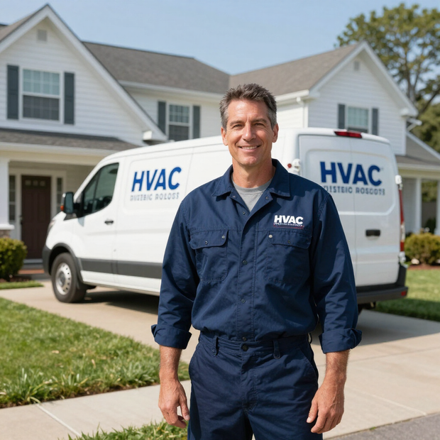 HVAC technician standing in front of service vans at a suburban home