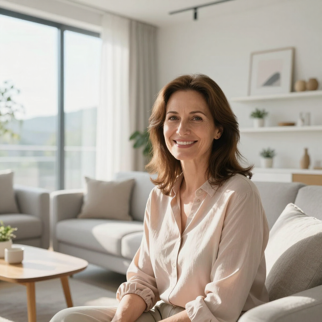 Smiling woman seated in a bright modern living room with light sofas and shelves