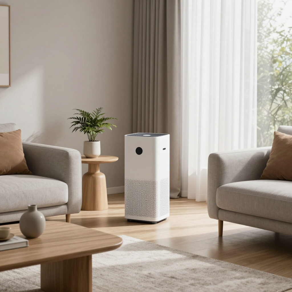 Bright living room with a white air purifier beside a sofa and window curtains
