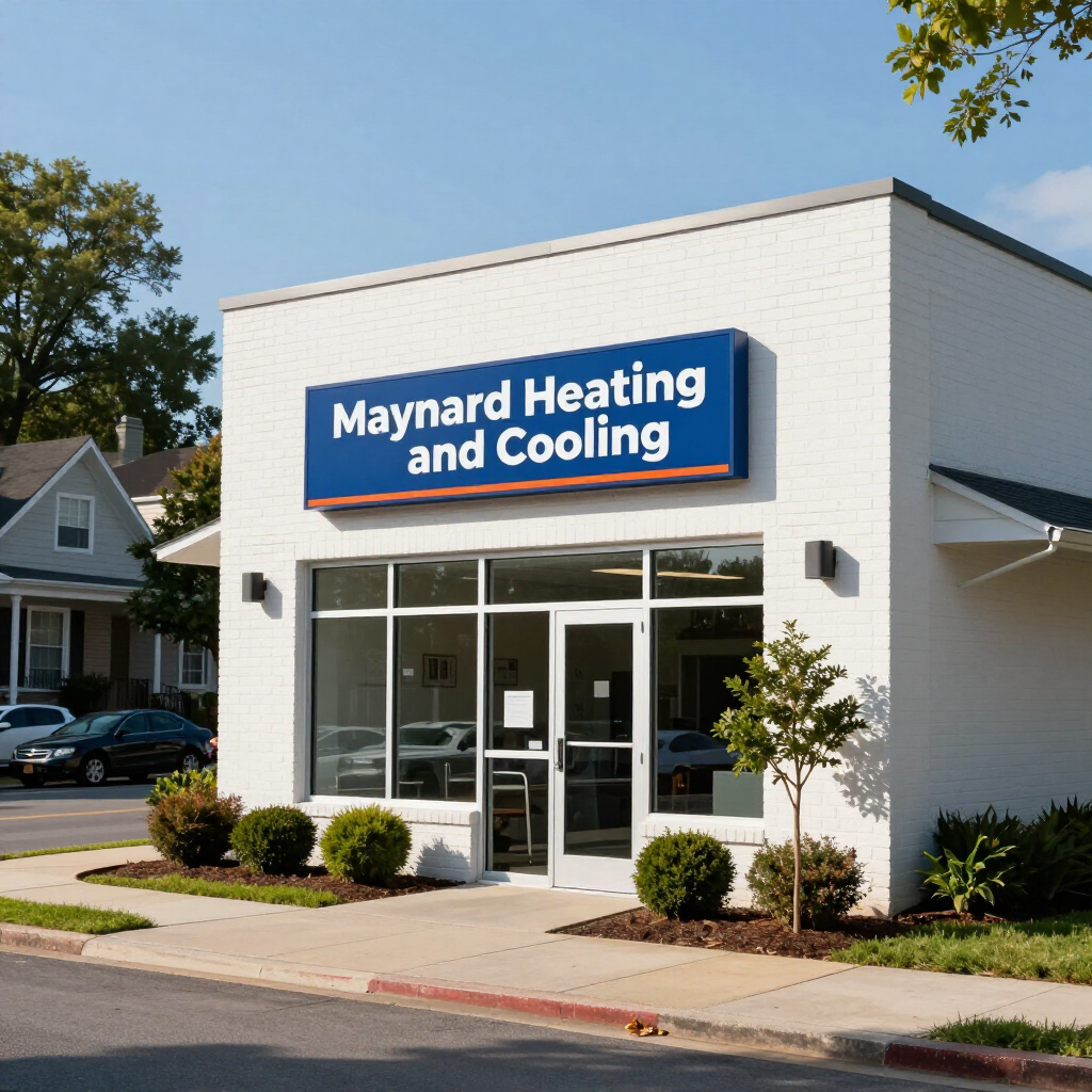 Maynard Heating and Cooling storefront with blue sign on a white building