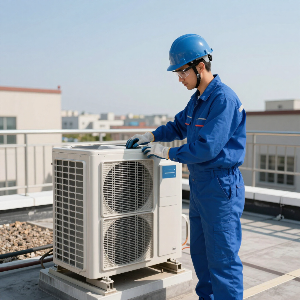 Technician in blue workwear and hard hat inspecting an outdoor rooftop HVAC unit