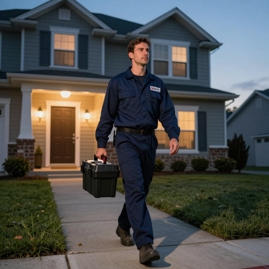 Utility worker carrying a toolbox walks up a suburban home's front walkway at dusk