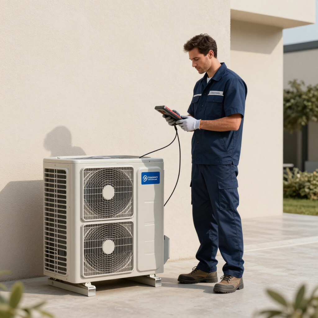Technician inspecting an outdoor air conditioning unit with a handheld meter.