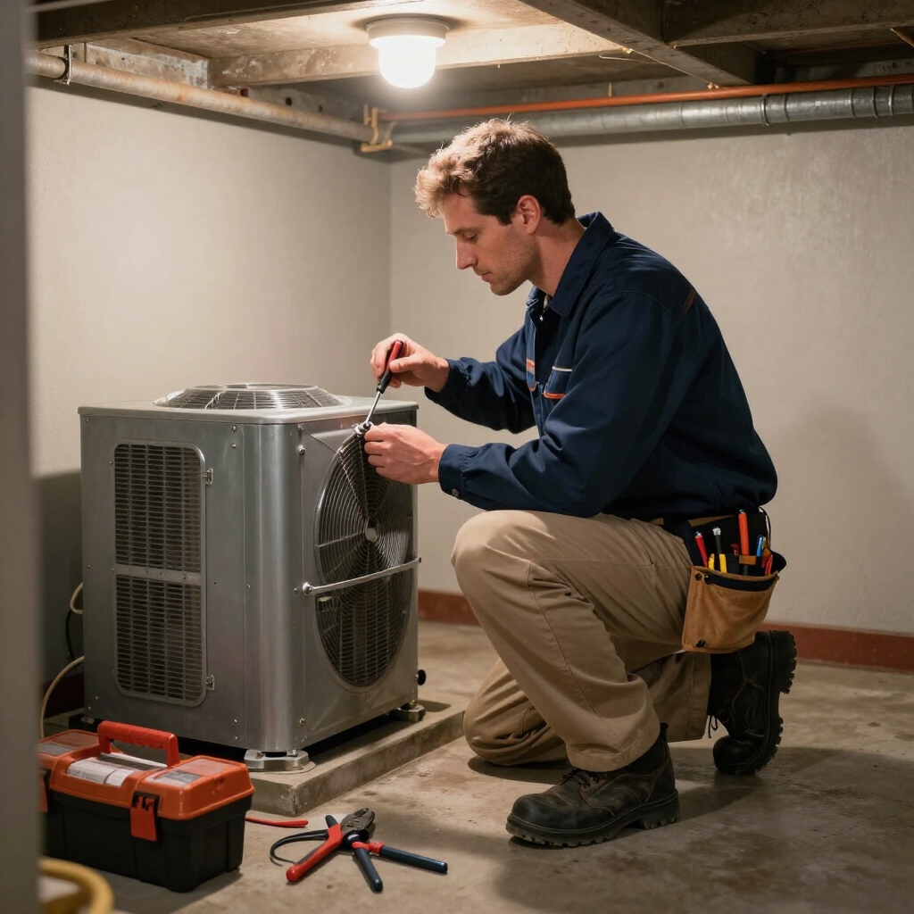 Technician kneels beside an outdoor HVAC unit, using a tool in a basement utility room.