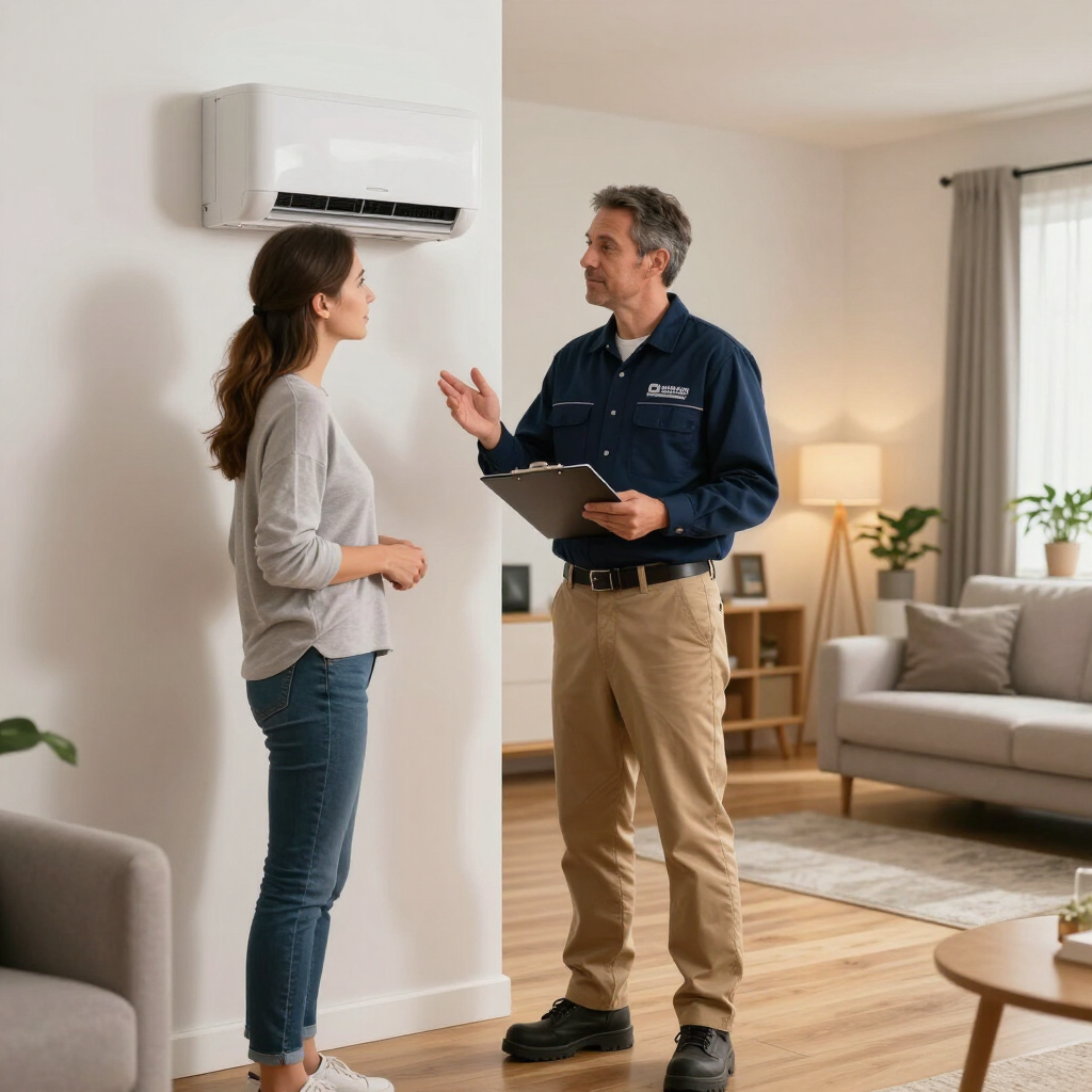 Technician consulting with a homeowner beside a wall-mounted air conditioner in a bright living room