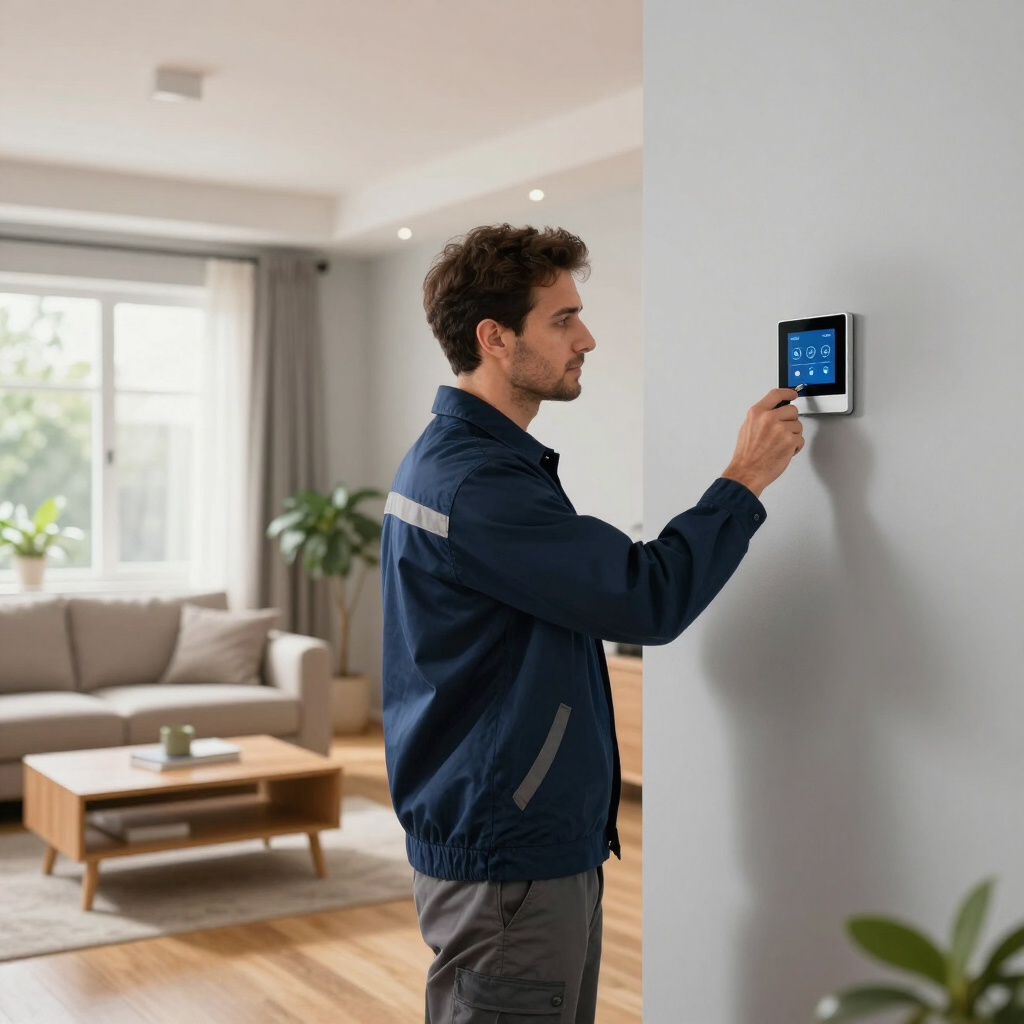 Man adjusting a wall-mounted smart thermostat in a bright living room