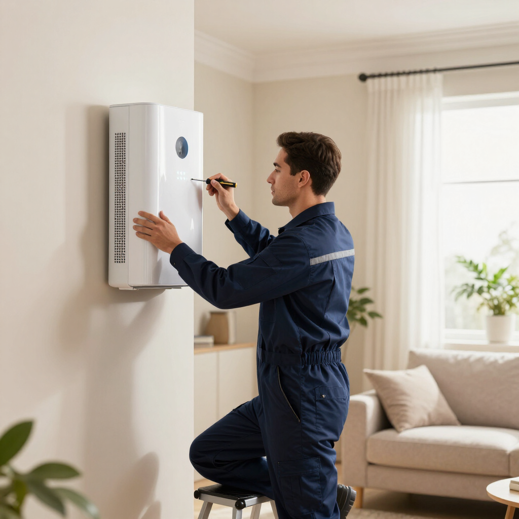 Technician servicing a wall-mounted boiler in a bright living room