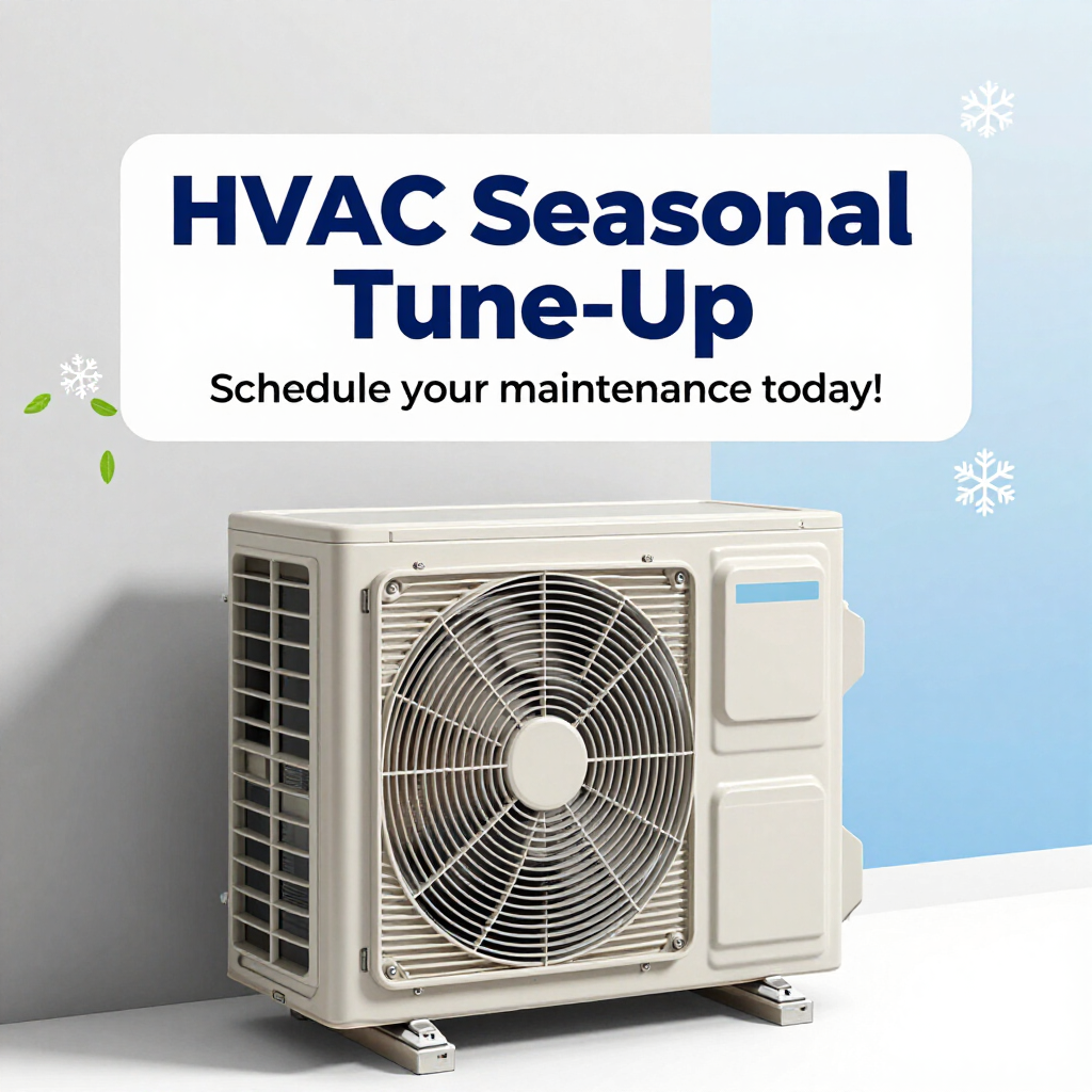 HVAC seasonal tune-up ad with outdoor AC unit and text on a white-blue background