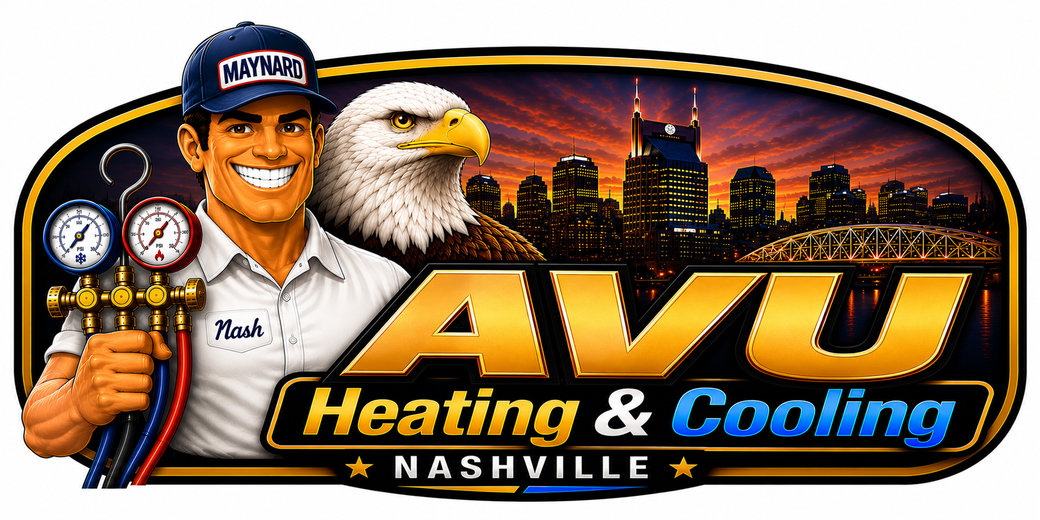 AVU Heating & Cooling logo with a technician, eagle, gauges, and city skyline at sunset
