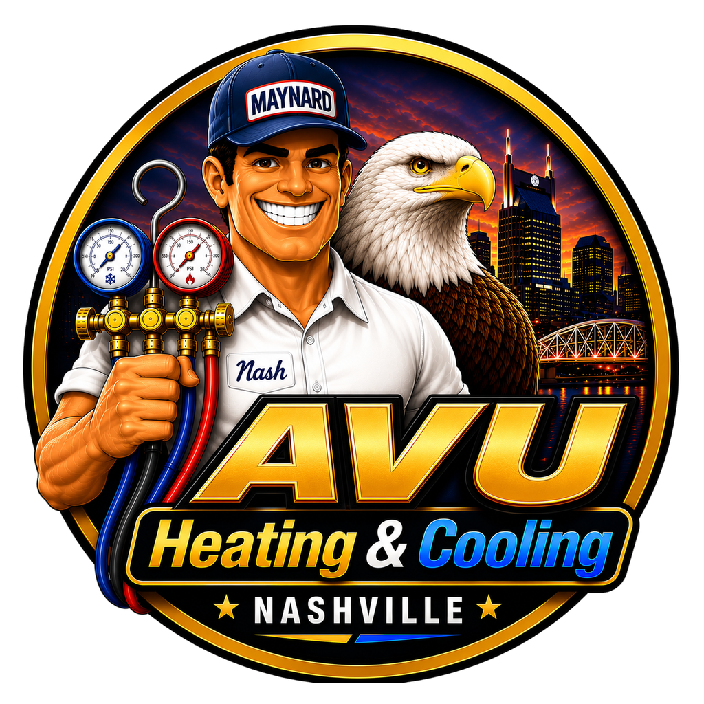 AVU Heating & Cooling Nashville logo with smiling technician, eagle, gauges, and city skyline on black background