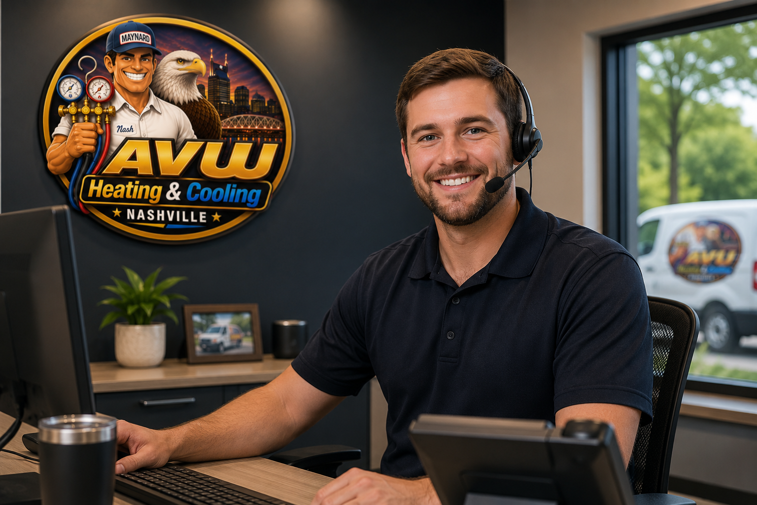 Smiling man at desk in an office, beside a TV showing the AVW Heating & Cooling logo.