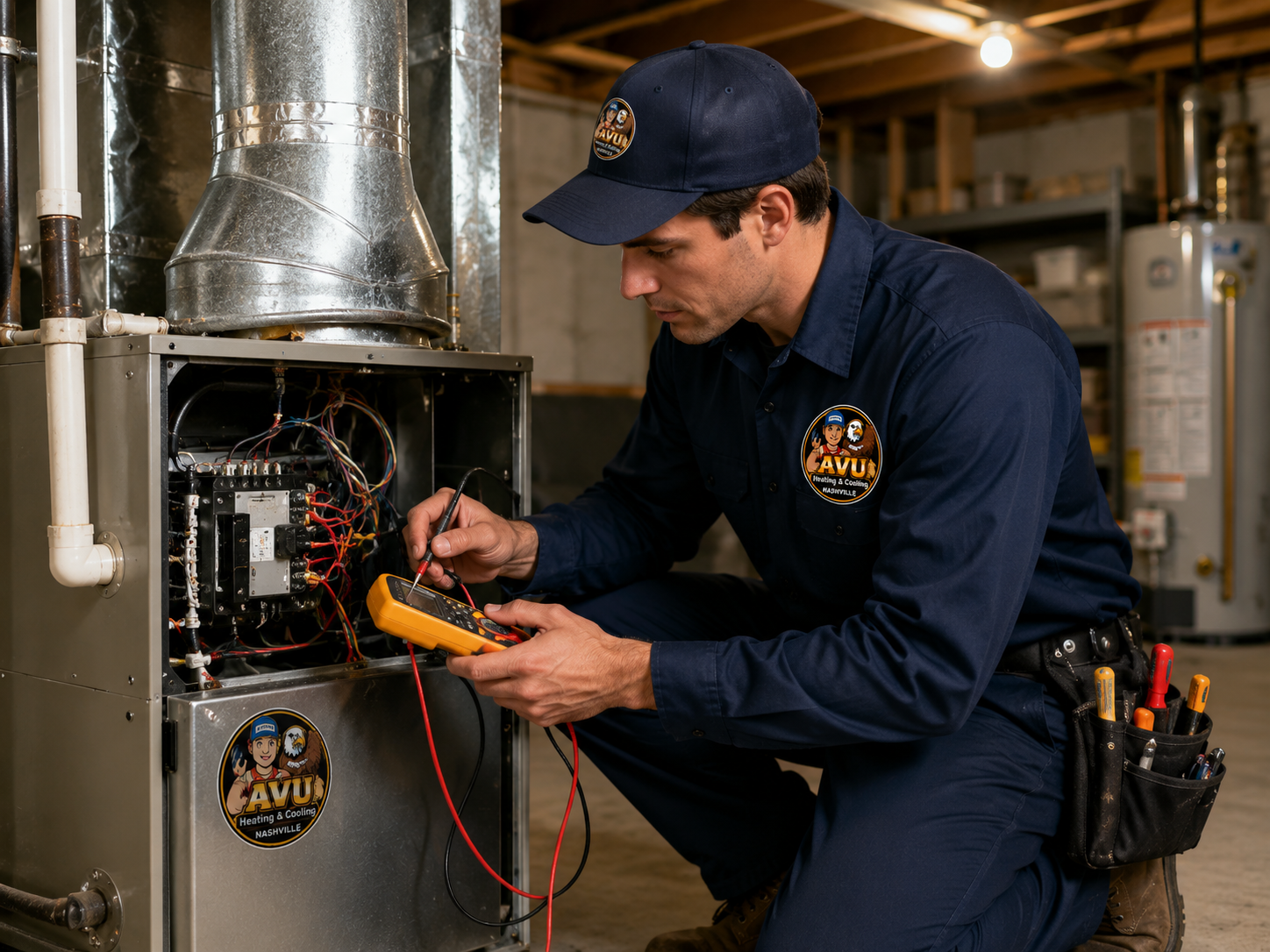 HVAC technician inspecting furnace wiring with a multimeter in a utility room
