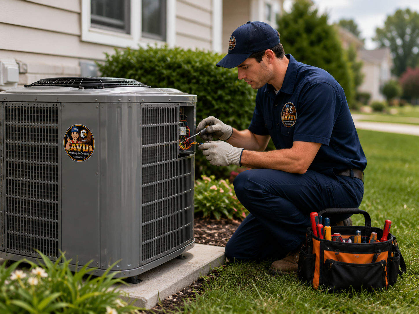 Technician kneeling by outdoor air conditioner, inspecting the unit with tools beside him.