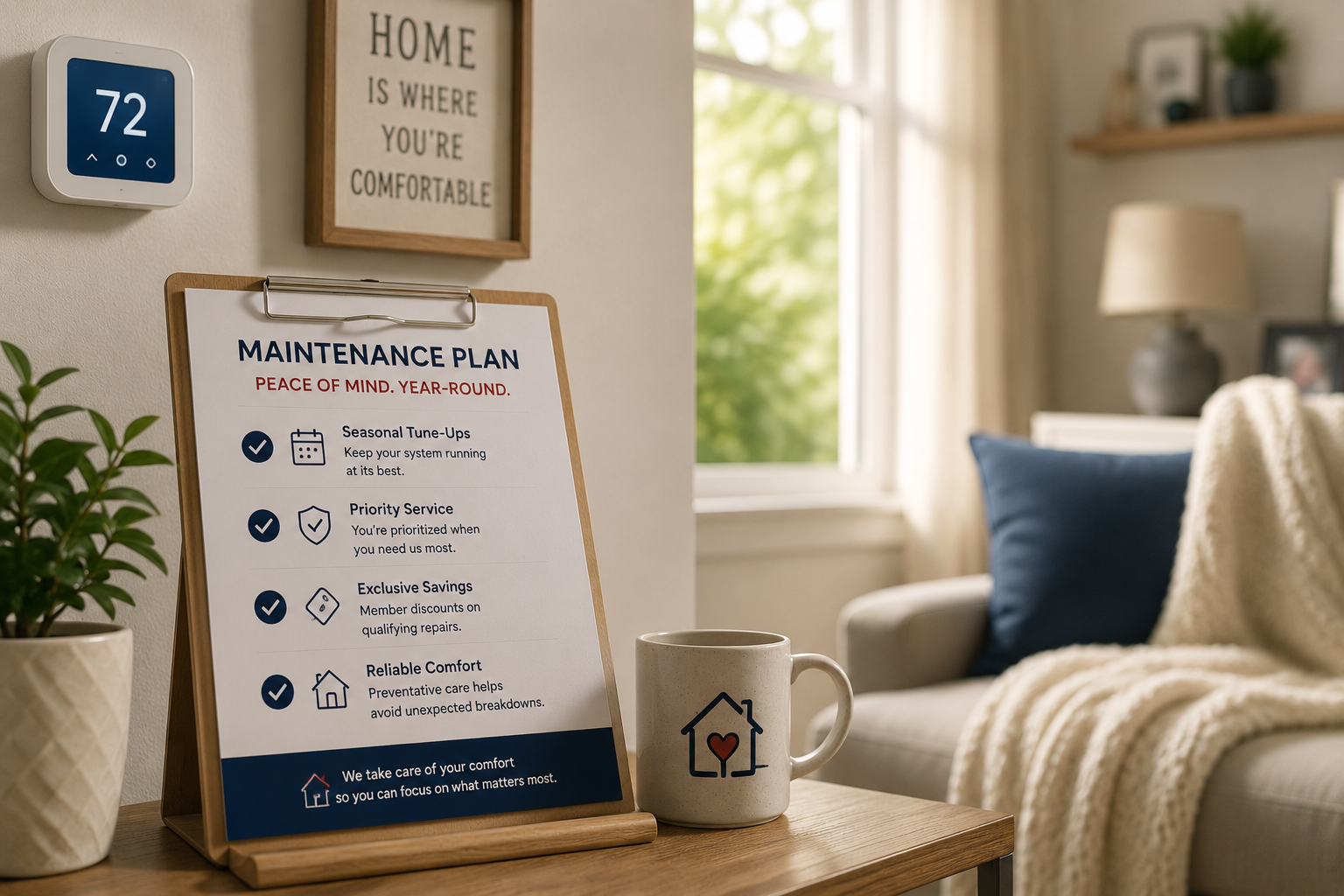 Maintenance plan on a clipboard beside a mug in a cozy living room with a wall thermostat.