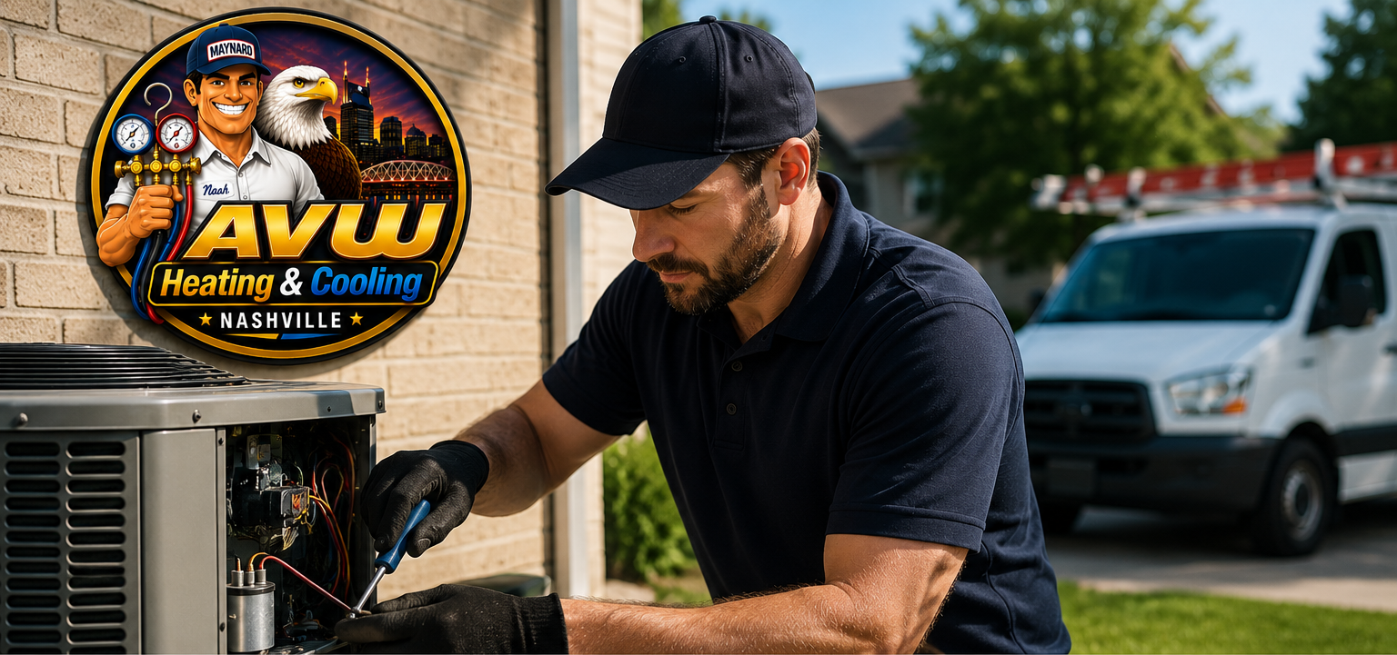 Technician servicing an outdoor HVAC unit, with AVW Heating & Cooling logo and service truck in background
