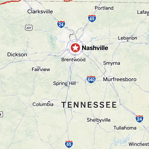 Map of Tennessee with a red star marking Nashville near the center.