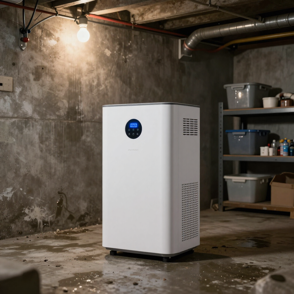 White air purifier in a dim concrete basement with shelves and overhead light