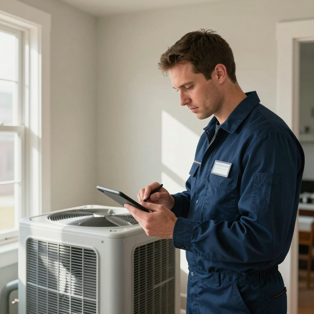 Technician in blue coveralls using a tablet beside an HVAC unit in a bright room