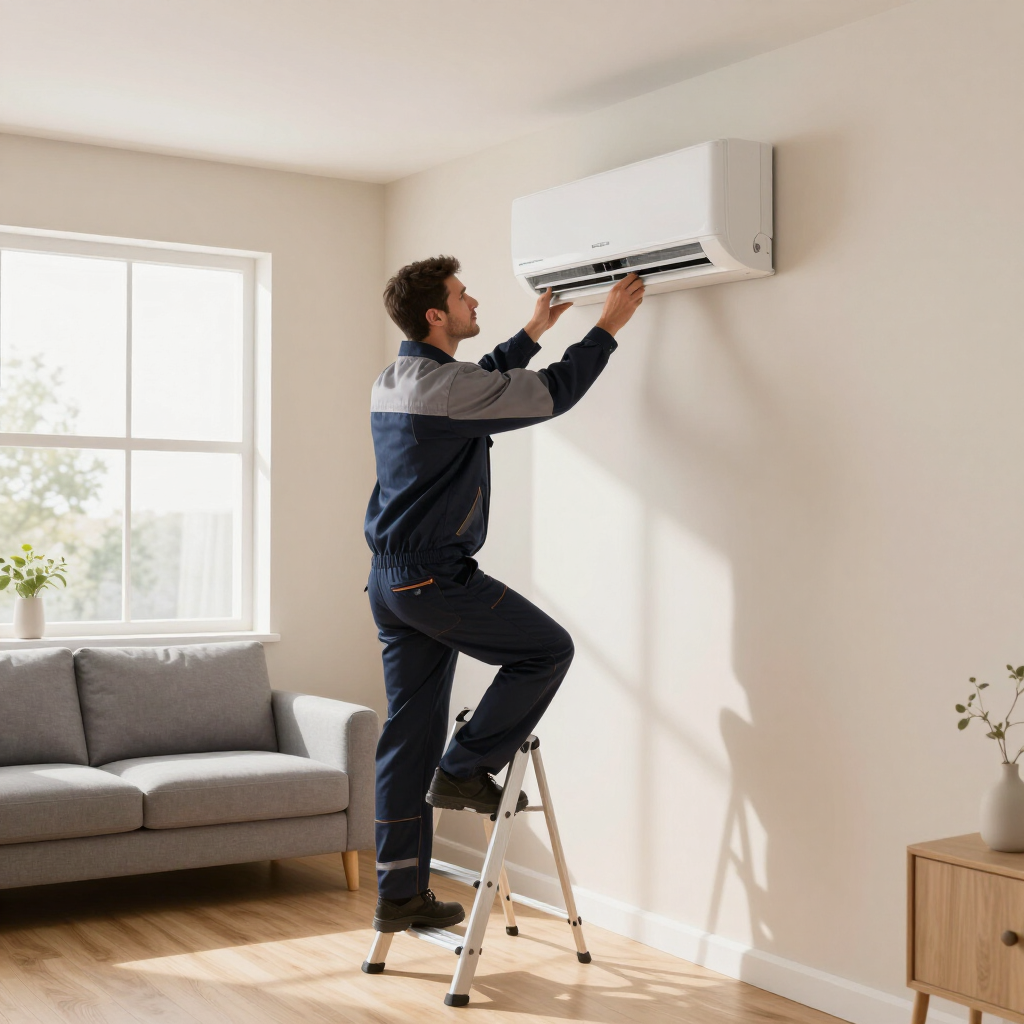 Technician on a step ladder installs a wall-mounted air conditioner in a bright living room