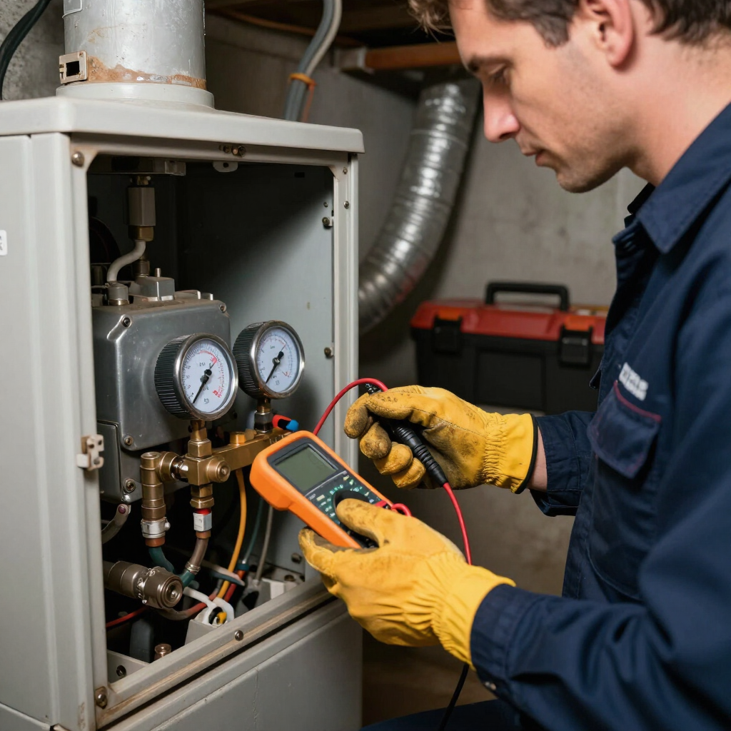 Technician testing furnace controls with a multimeter next to pressure gauges in a utility room