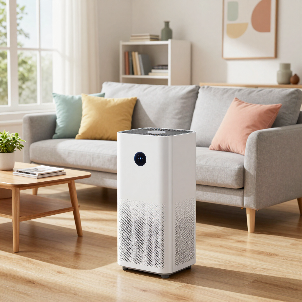 White air purifier in a bright living room with a gray sofa and colorful pillows