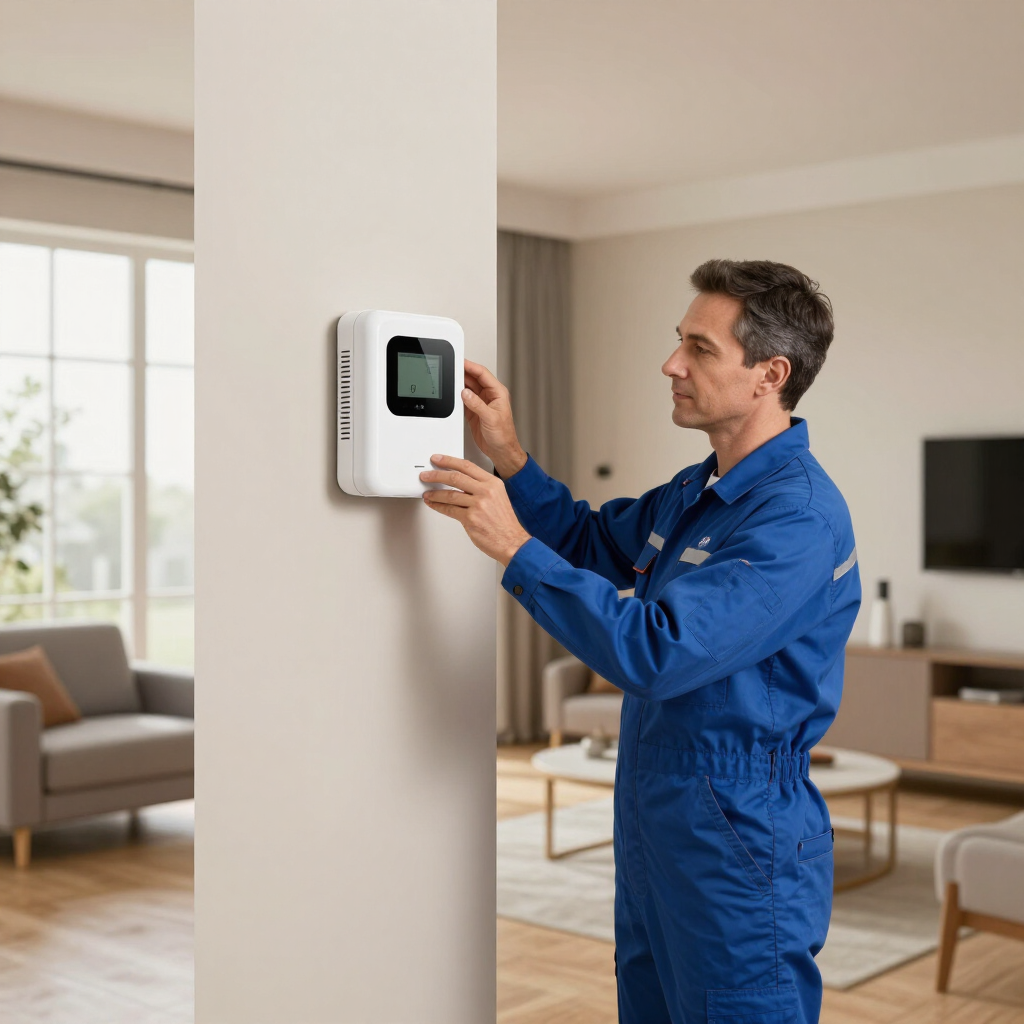 Technician in blue coveralls installing a wall-mounted thermostat in a bright living room