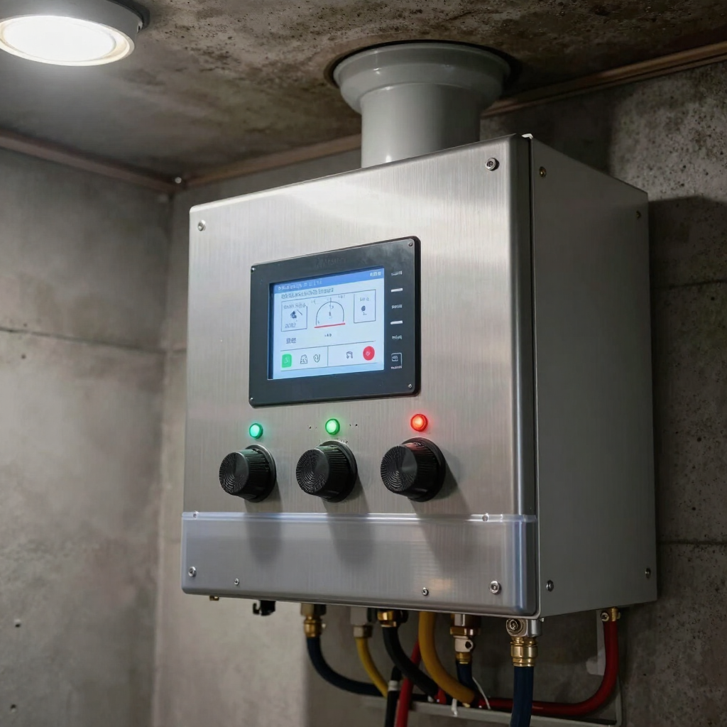 Stainless steel control panel with touchscreen and three knobs in a concrete utility room