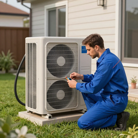 Technician in blue coveralls inspecting an outdoor air conditioner unit beside a house