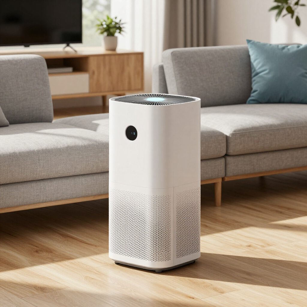 White air purifier on a wooden floor in a modern living room beside gray sofas
