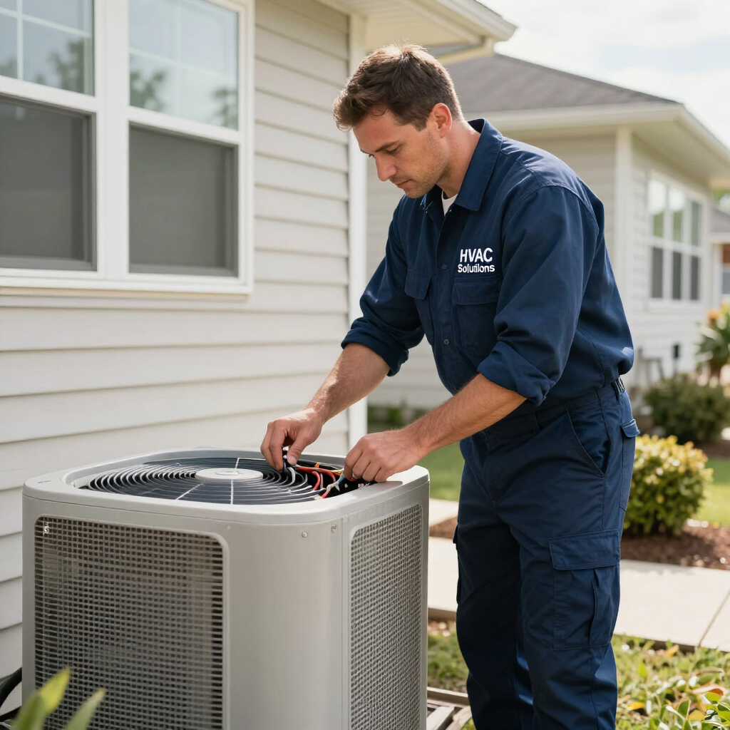Technician inspecting an outdoor air conditioner unit beside a house