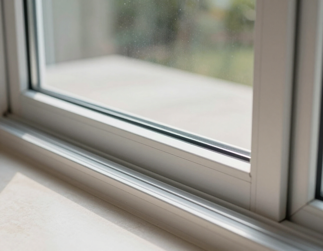 Close-up of a white window frame and sill with soft daylight coming through