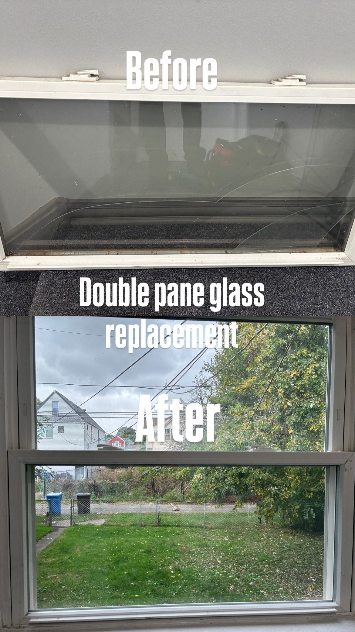 Before-and-after window replacement showing a broken pane replaced with clear double-pane glass.