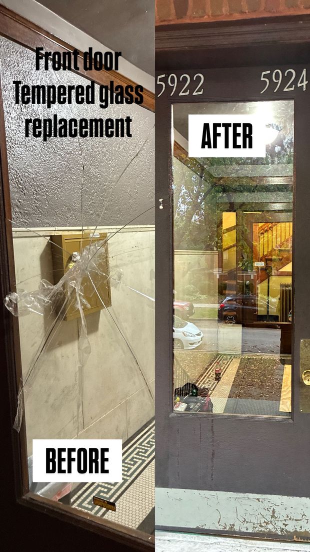Before-and-after storefront tempered glass replacement, showing broken glass replaced with a clear door panel.