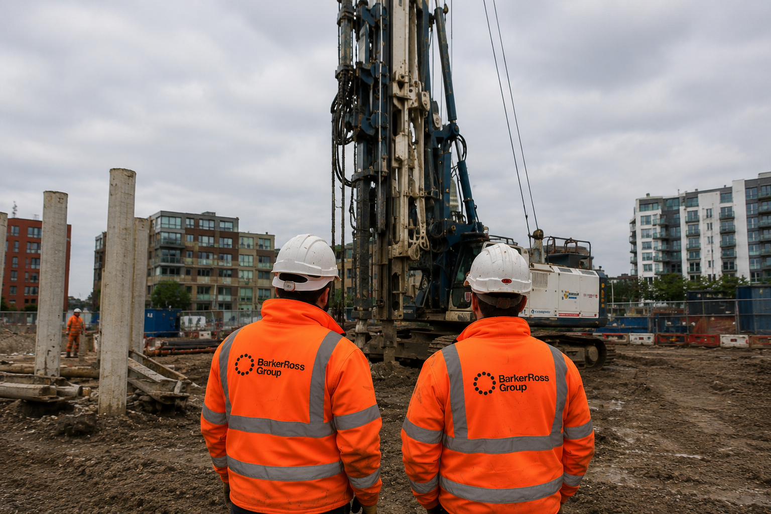 Yellow drilling rig on tracks at a construction site under an orange sunset sky